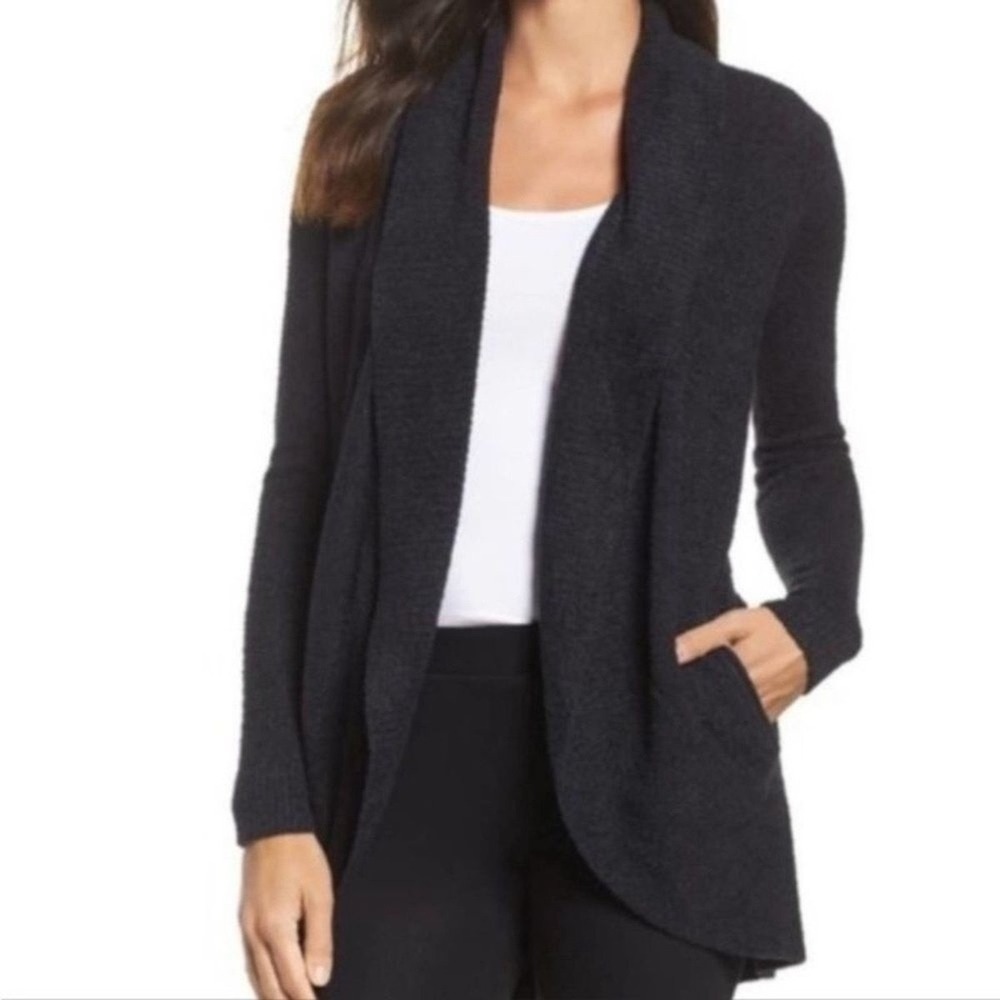 Barefoot Dreams CozyChic Lite Circle Cardigan Black Carbon Shawl Collar 452 XS/S